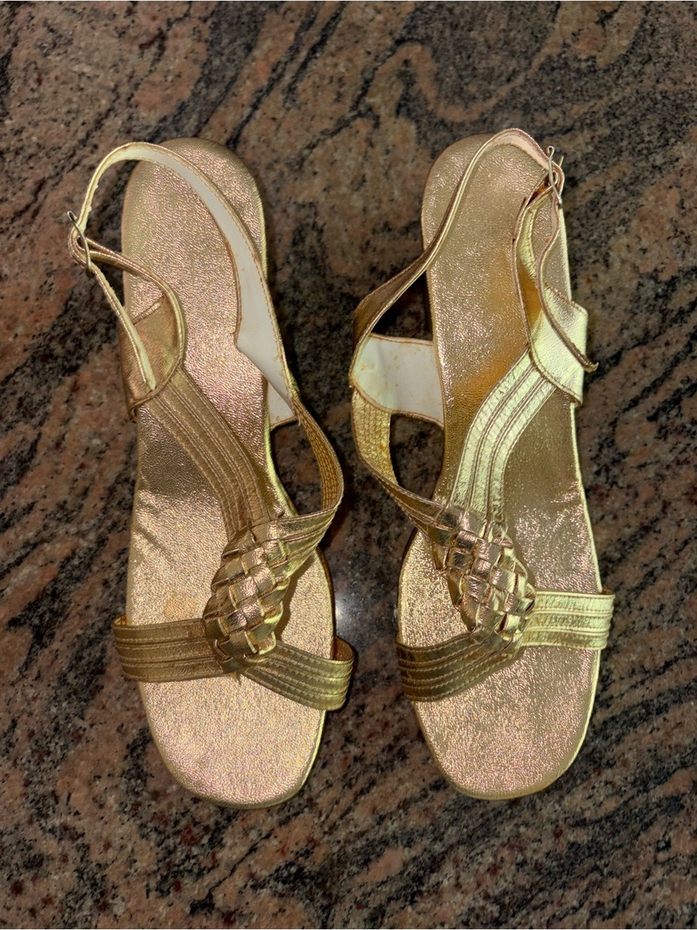 Vintage 90s Gold Metallic Braided Strap Low Block Heel Sandals, Size 7-7 1/2